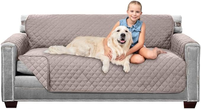 Sofa Shield® Couch Slip Covers for Dogs, Reversible Furniture Protector with Strap, Stain and Tear Resistant Cushion Cover, 70 inch Seat, Machine Washable Slipcover Pets, Cats, Light Taupe
