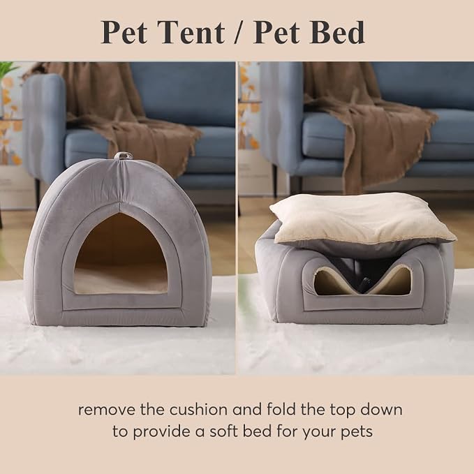 KASENTEX Cat Bed for Indoor Cats, 2-in-1 Cat House Pet Bed and Pet Supplies for Kitten and Small Cat or Dog - Animal Cave, Cat Tent with Removable Machine Washable Pillow Cushion (Grey 15x15x15)