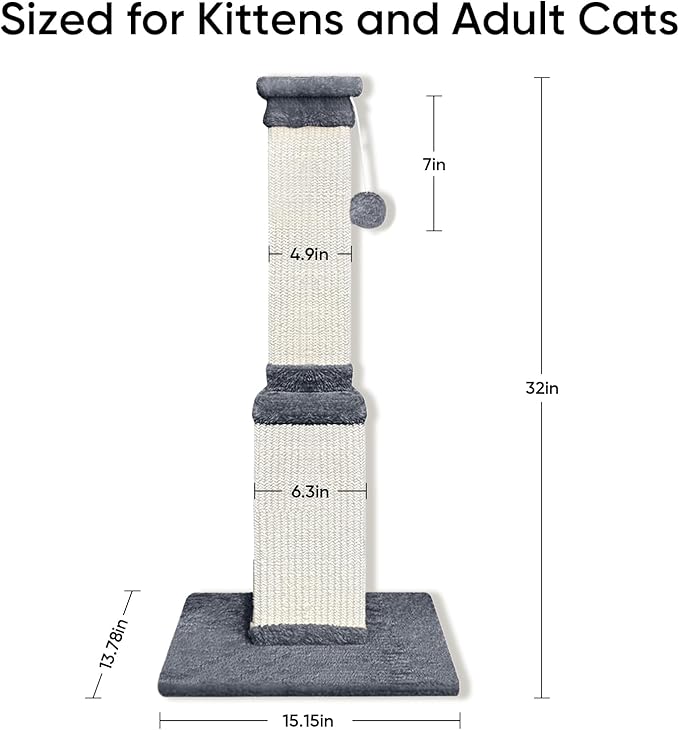 Cat Scratching Post, 32 Inch Cat Scratching Posts for Large Cats, Scratching Posts for Indoor Cats Adults, Cat Scratch Post with Nature Sisal, Deep Gray