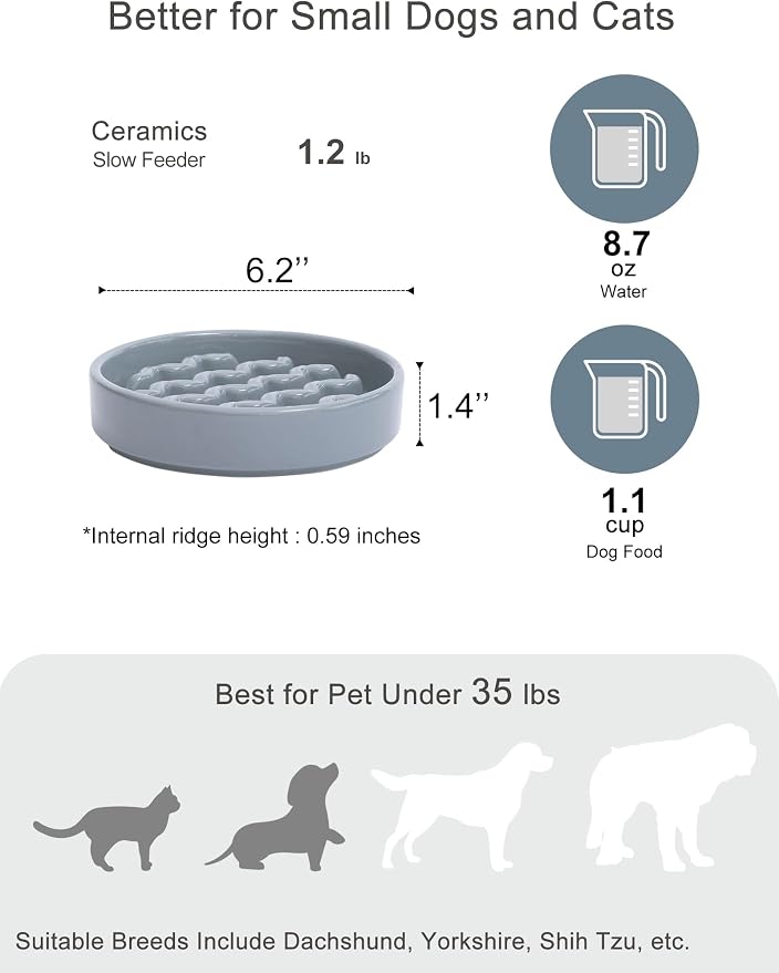 Ceramic Slow Feeder Dog Bowl, Maze Puzzle Non-Slip Silicone Base Stoneware Bowl for Small Medium Dogs, Heavy Duty Anti-Bloat Dog Food Bowl Dishwasher Safe – Ice Blue, Small