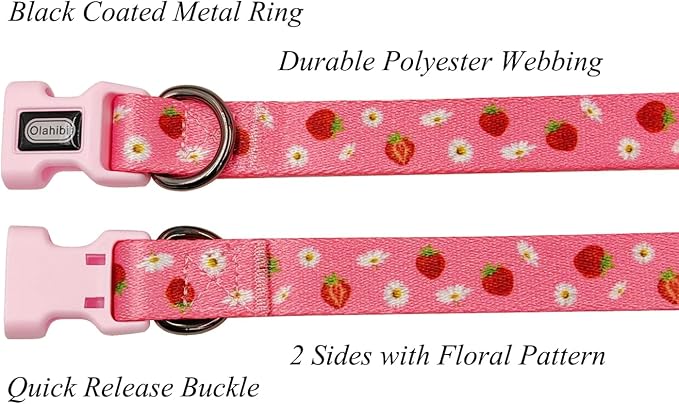 Dog Collar Leash Set, Floral Pattern, Polyester Material, Adjustable Collar and 5ft Matchcing Leash, for Large Dogs.(L, Daisy and Strawberry)
