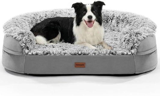 iweepet Fluffy Claiming Orthopedic Dog Beds for Medium & Large Dogs, Supportive Dog Sofa Bed with 3.7 inch 28D Egg-Crate Foam, Removable Washable Plush Cover, Waterproof Lining, 41'',Grey
