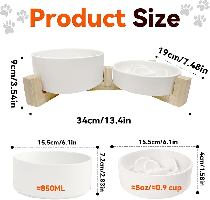 Ceramic Slow Feeder Dog Bowl Set-0.8 Cup Puzzle Dog Food Bowl（≈180g Food） for Fast Eater & 850ML Dog Water Bowl with Wooden Stand for Small Dogs and Cats,Anti-Slip-White