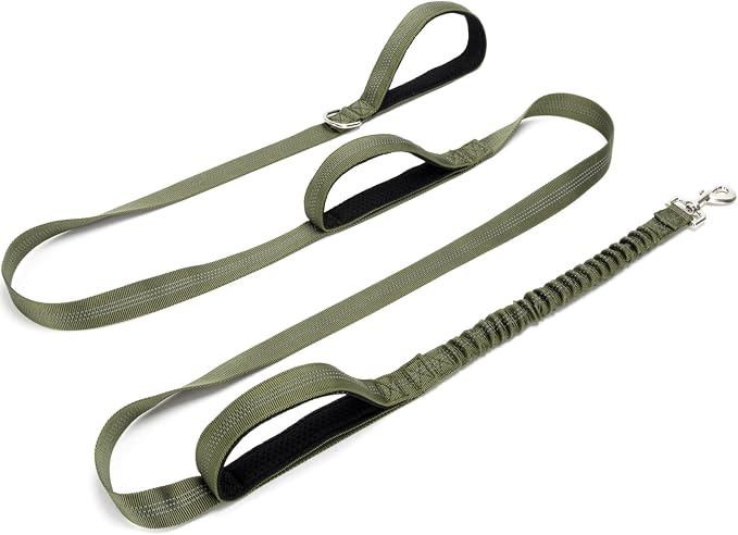 BTINESFUL 8ft Dog Leash with 3 Handles, Triple Handle, Reflective, Shork Absorbing Bungee, Control & Safety Training for Large Medium Dogs (Army Green, 1 in x 8 ft)