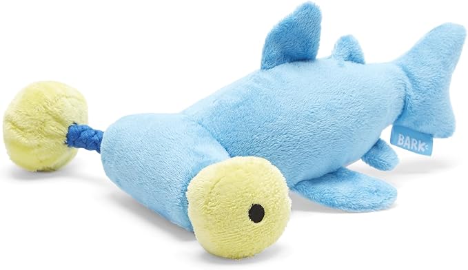 Barkbox Hammerin' Hank the Shark Dog Toy | Plush Hammerhead with 4 Squeakers & T-Shirt Rope | Tug & Thrash Toy for Small to Medium Dogs