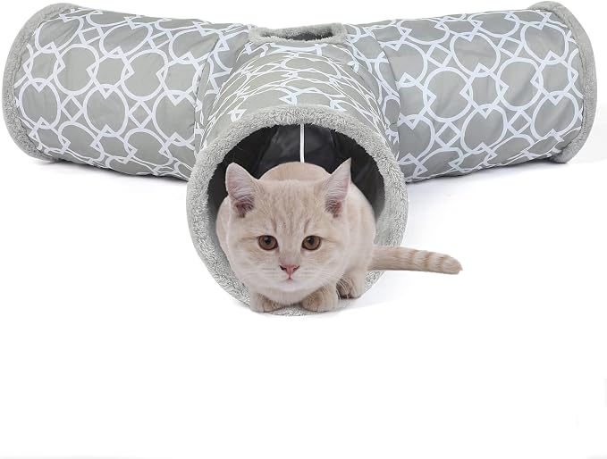 Geometric 3 Way Cat Tunnel with Plush Inside,Cats Toys Collapsible Tunnel Tube with Balls, for Rabbits, Kittens, Ferrets,Puppy and Dogs
