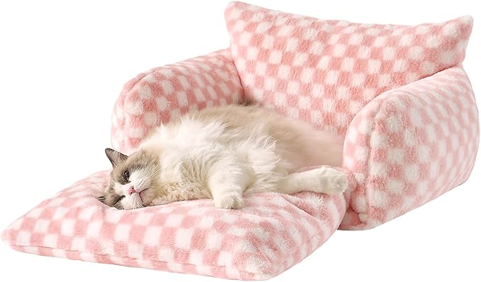 Hollypet Cat Bed Fluffy Plush Multifunctional Double-Layer Machine Washable Soft Warming Kitty Pet Couch Orthopedic Nest Beds for Small Cats Kitten and Dogs up to 13lbs, Pink and White(25x20x13 inch)