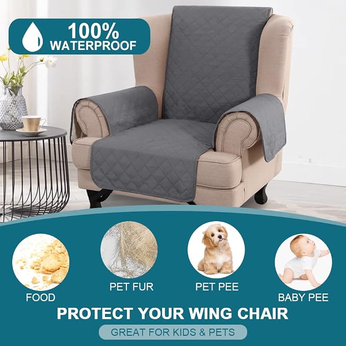 Turquoize 100% Waterproof Wing Chair Cover Wing Armchair Slipcovers Chair Couch Protector Triple Non-Slip Sofa Slipcover for Wing Chair Furniture Protector for Pets, Kids,Dog (Wing Chair, Gray)