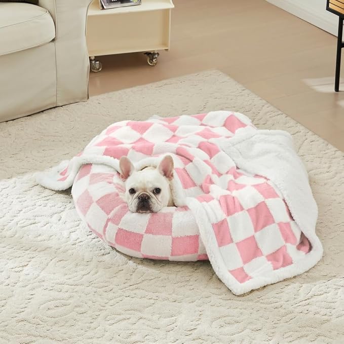 Ohocut Checkered Dog Blanket, Pink Jacquard Sherpa Blankets for Small Dog and Cats, Cute Girly Women Aesthetic Style Fluffy Fleece Pets Blanket for Couch Protection Washable, 40"x50"