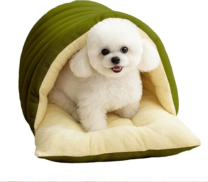 Winter Cave, Cozy Covered Dog Bed with Removable Washable Cover, Enclosed Plush Warmth for Small Large Dogs Cats, Calming Security Pet Den for Indoor Outdoor Use,Green,L