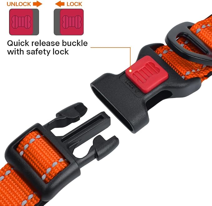 Taglory Reflective Dog Collar for Extra Large Dogs, Soft Neoprene Padded with Escape-Proof Locking Buckle, Upgraded Zinc Alloy Ring, Adjustable for Daily Walking, Orange,XL