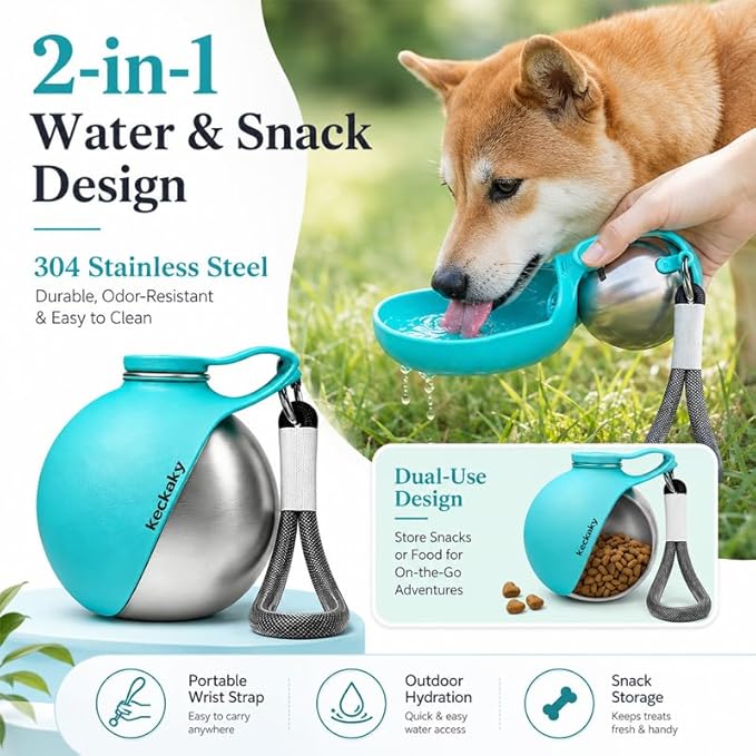 2 in 1 Portable Dog Water Bottle, 2026 New 10oz Spherical Stainless Steel Pet Bottle with Silicone Foldable Bowl, No-Spill Leak-Proof Design, Dog Water Bottle for Walking, Hiking, Travel (Blue)