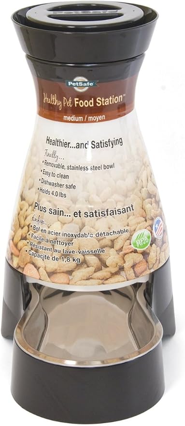 PetSafe Healthy Pet Food Station - Medium, 4 lb Kibble Capacity - Gravity Pet Feeder Dry Food Dispenser, Automatic Cat Feeder, Small to Medium Dog Feeder - Removable Stainless Steel Bowl Included