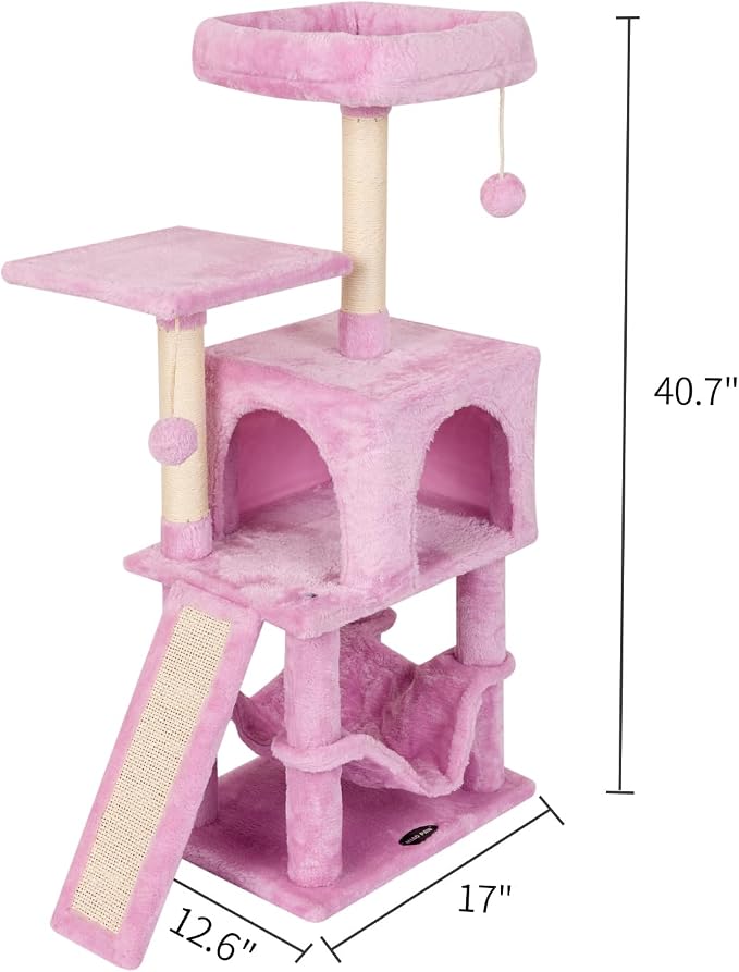 Pink Cute Cat Tree for Indoor Cat Tower with Scratching Post Modern Activity House Hammock Hanging Ball Condo with Board