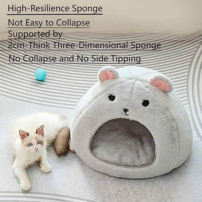 Cozy Mouse Ear Pet Cave Bed Ultra-Soft Gray Plush cave Bed, Cat Cave Beds Cat House Cat Tent with Removable Washable Cushioned Pillow, Cat Beds&Dog Beds,Perfect for Small & Medium Pets