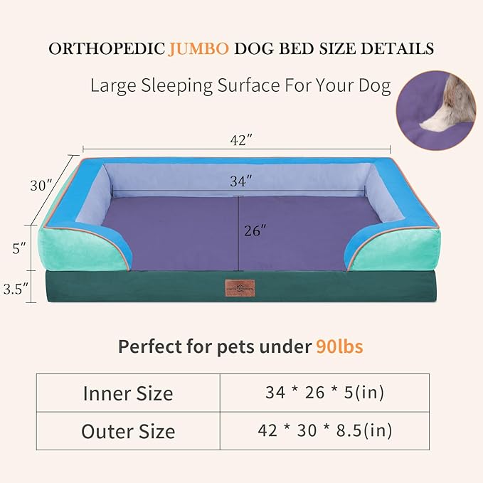 Comfort Expression Orthopedic Dog Bed for Extra Large Dogs 42x30 Inch, Waterproof Egg Crate Foam XL Pet Bed with Bolsters, Dog Couch with Washable Cover & Non-Slip Bottom, Violet Tide