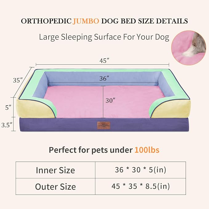 Comfort Expression Orthopedic Dog Bed for Extra Large Dogs 45x35 Inch, Waterproof Egg Crate Foam XL Pet Bed with Bolsters, Dog Couch with Washable Cover & Non-Slip Bottom, Frosted Grape