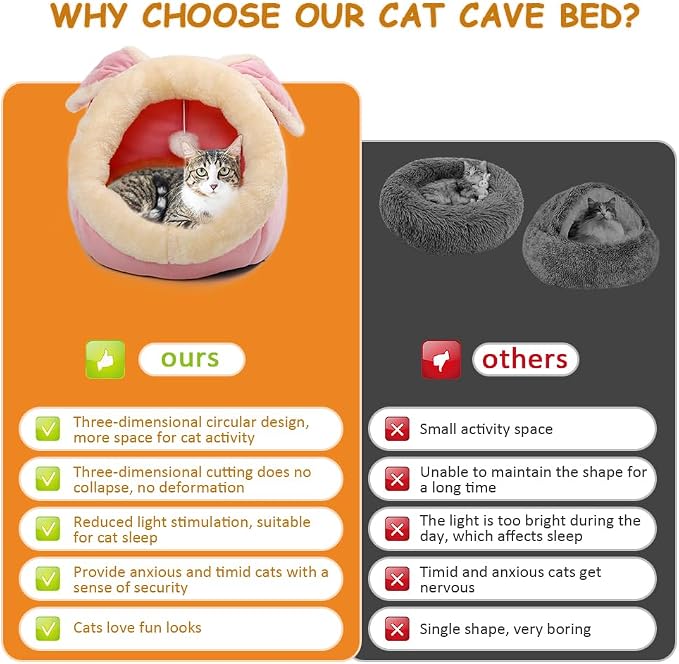 Cat Beds for Indoor Cats - Rabbit-Shaped Cat Cave Bed with Hanging Toy,Super Soft Calming Pet Bed for Kitten&Puppy,Small Dog,Warm Plush&Machine Washable&Removable Cotton Pad,Cat Hideaway