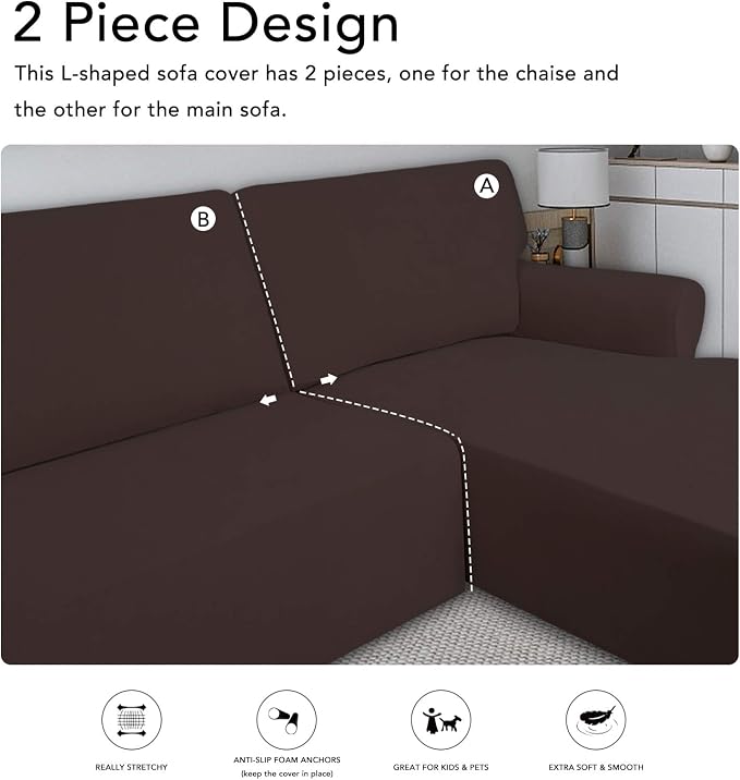 PureFit Super Stretch Sectional Couch Covers - 2 pcs Spandex Non Slip Sofa Covers with Elastic Bottom for L Shape Sectional Sofa Couch, Great for Kids & Pets（3 Seat Sofa + 3 Seat Chaise, Chocolate