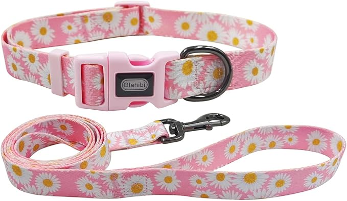 Dog Collar Leash Set, Floral Pattern, Polyester Material, Adjustable Collar and 5ft Matchcing Leash, for Small Dogs.(S, Light Pink Daisy)