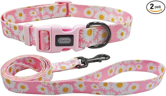 Dog Collar Leash Set, Floral Pattern, Polyester Material, Adjustable Collar and 5ft Matchcing Leash, for Medium Dogs.(M, Light Pink Daisy)