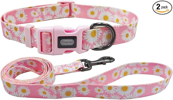 Dog Collar Leash Set, Floral Pattern, Polyester Material, Adjustable Collar and 5ft Matchcing Leash, for Puppy Dogs.(XS, Light Pink Daisy)