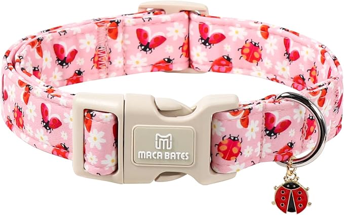 Maca Bates Spring Pink Basic Dog Collar with Ladybug Charm for Large Girl Boy Dogs, Ladybugs Pattern,Pretty Adjustable Durable Soft Collars Gift for Male Female Puppy