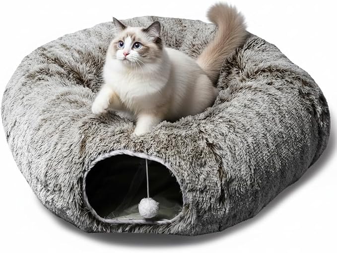 AUOON Cat Tunnel Bed for Indoor Cats - Large Cat Donut Tunnel with Hanging Ball Toy, Collapsible 2-in-1 Multifunctional Interactive Cat Toy for Kitten, Puppy, Rabbit, Ferret (Brown)