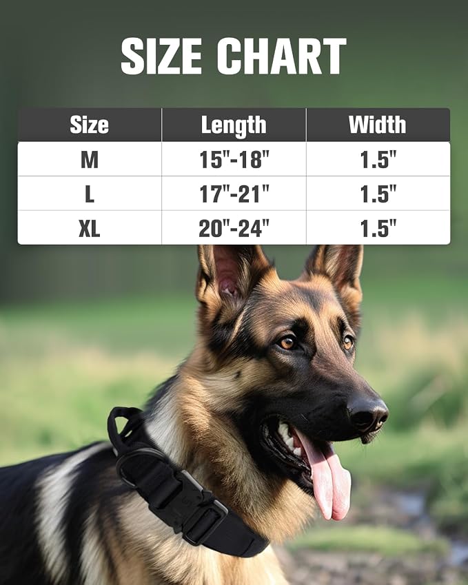 Joytale Tactical Dog Collar with Handle and Metal Buckle, Heavy Duty Padded Military Collar with 2 Patches for Training, Adjustable for Large Dogs, Black, L