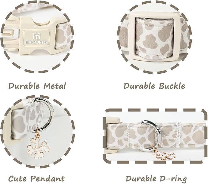 Maca Bates Beige Leopard Cute Dog Collar for Large Boy Girl with Bone Charm,Leopard Pattern,Adjustable Durable Soft Comfortable Birthday Gift Collars for Male Female Puppy