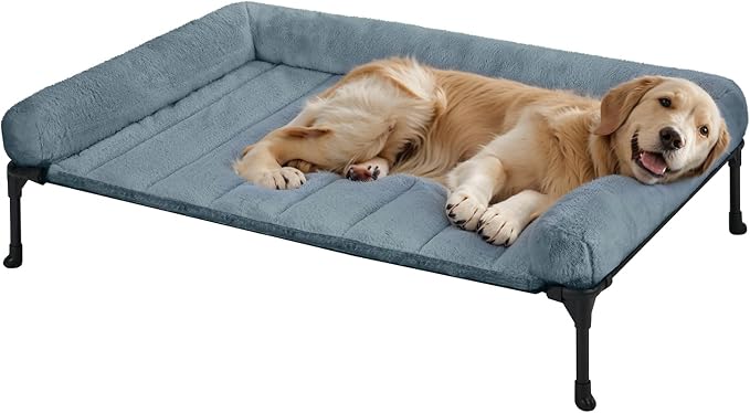 Veehoo Orthopedic Elevated Dog Bed with Fluffy Plush Bolster Cushion, Indoor Raised Dog Beds for Large Dogs, Soft Pet Sofa Cot with Removable Washable Mat, No-Slip Feet, 42 x 30 inches, Haze Blue