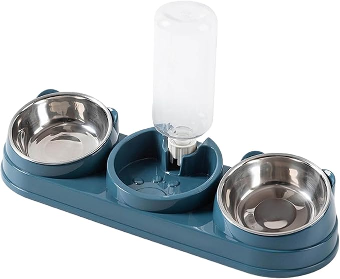 3 in 1 Cat Bowls Pet Feeder with Water Dispenser, 15° Raised Cat Dish Food and Water Bowls Set for Wet/Dry Food, Triple Pet Feeding Station for Rabbit Kitten Bunny (Blue)