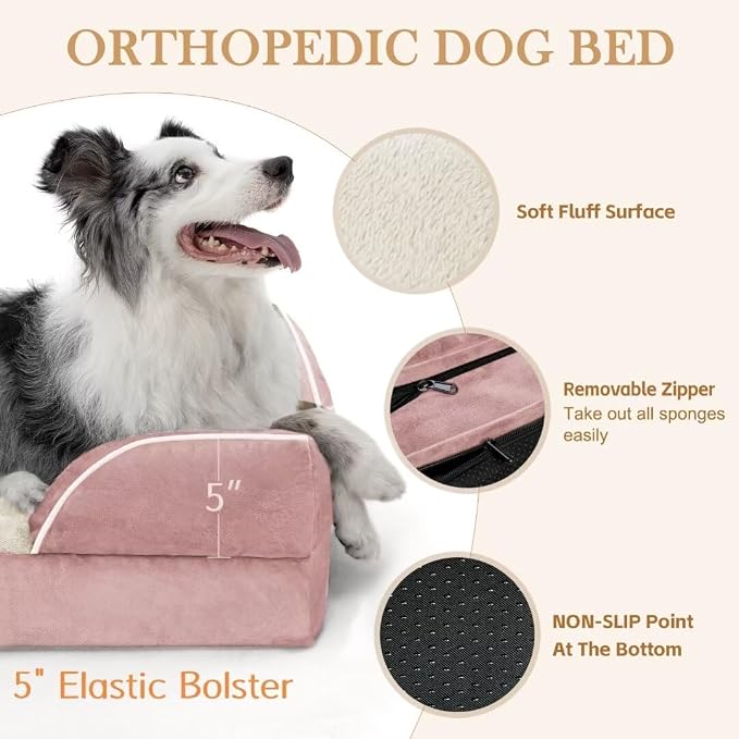 Comfort Expression Orthopedic Dog Bed for Extra Large Dogs 42x30 Inch, Waterproof Supportive Egg Crate Foam XL Pet Bed with Removable Bolsters, Dog Couch with Washable Cover & Non-Slip Bottom, Pink