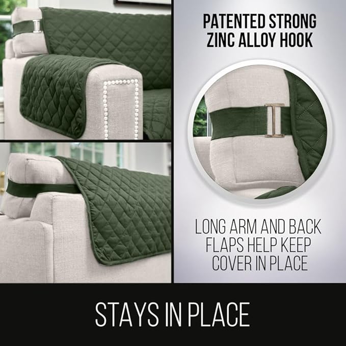 Sofa Shield® Couch Slip Covers for Dogs, Reversible Furniture Protector with Strap, Stain and Tear Resistant Cushion Cover, 62 inch Seat, Machine Washable Slipcover Pets, Cats, Hunter Green Sage