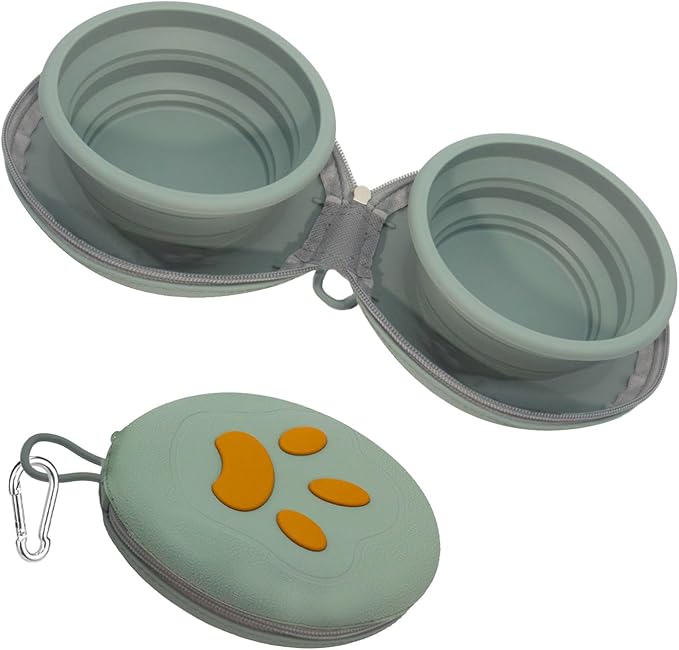Collapsible Dog Bowls, 2-in-1 Silicone Pet Food and Water Bowl with Carabiner, Portable Double Compartment Dish for Travel, Camping, Hiking Puppy Essentials (A- Green)