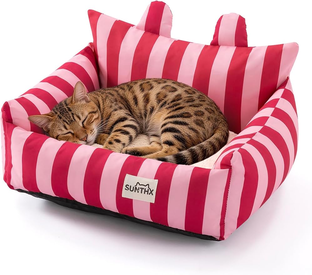Cat Couch, Reversible Pet Bed for Indoor Cats – 2-Sided Cat Sofa with Oxford Fabric and Plush Fleece, Washable Small Dog Couch for Puppies and Senior Pets, Non-Slip Bottom, 22 inch, Pink Red
