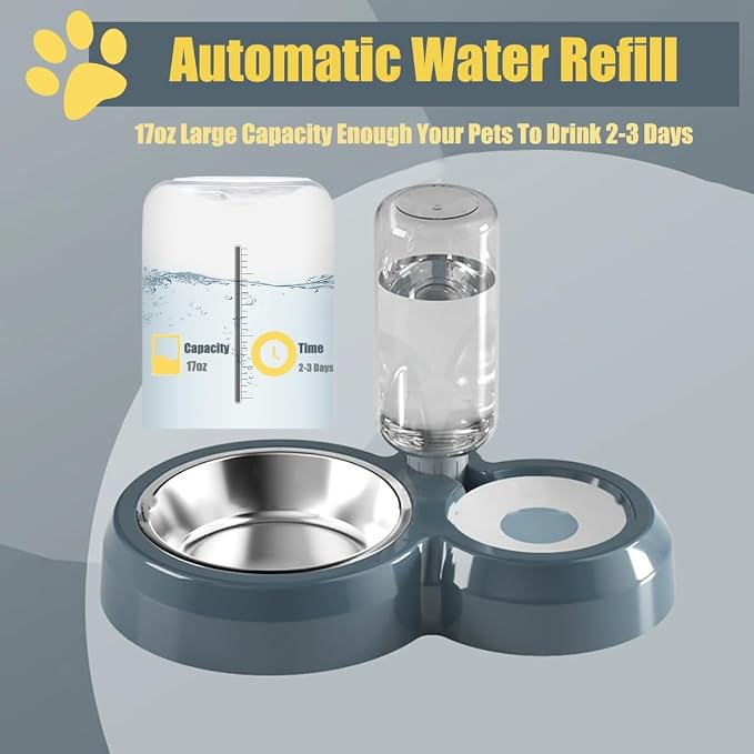 Double Dog Cat Bowls, Cat Food and Water Bowl Set with Auto- Water Dispenser and Stainless Steel Bowl Feeder for Small Size Dogs & Cats, Gift of Anti-Slip Mat, Chic Mondrian