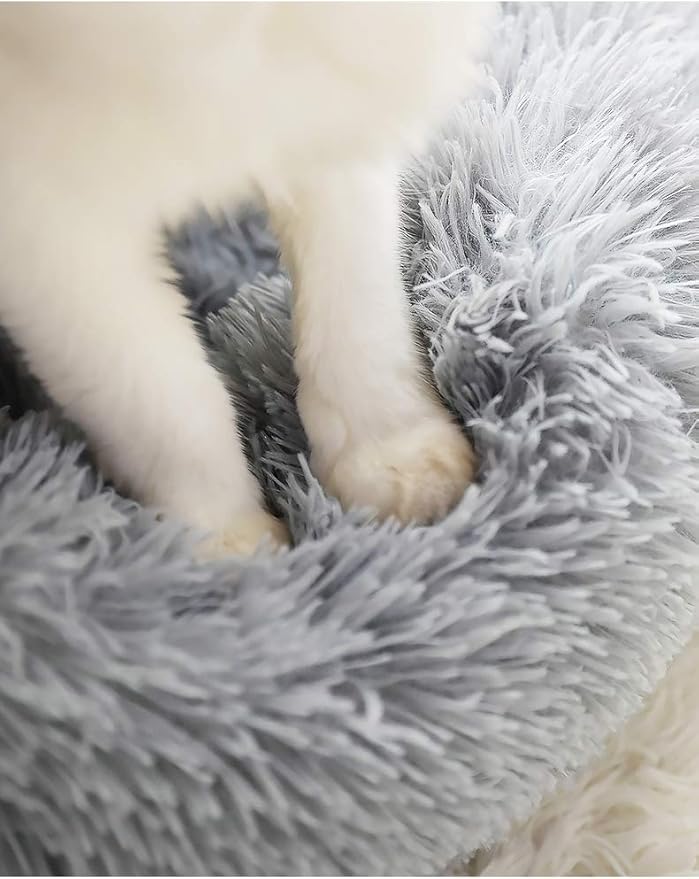 Faux Fur Dog Bed, Shag Round Anti-Anxiety Pet Calming Doughnut Cuddler for Medium Large Puppy Dog Cat Kennel Cushion - Self Warming (28'' D x 8" H, Light Grey)