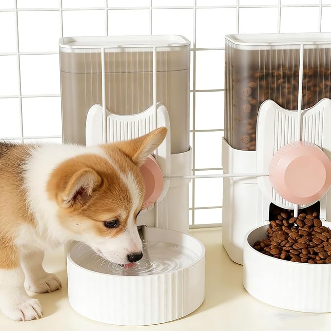 Pet Dog Cat Hanging Automatic Feeder and Water Dispenser Set, 2-in-1 Gravity Pet Food & Water Bowl for Cage, No-Spill Small Dog Rabbit Food Dispenser (Pink)