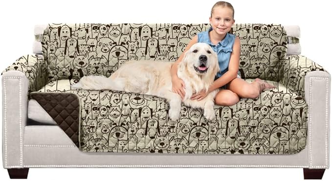 Sofa Shield® Couch Slip Covers for Dogs, Reversible Furniture Protector with Strap, Stain and Tear Resistant Cushion Cover, 70 inch Seat, Machine Washable Slipcover Pets, Cats, Chocolate Dog Pattern