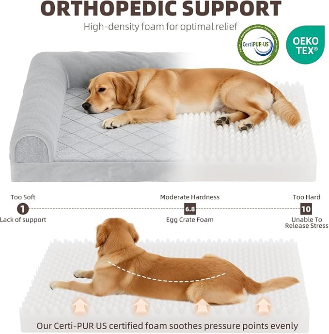 Simple Trending Dog Bed for Large Dogs, Orthopedic XL Pet Bed with Sides, Waterproof Egg Crate Foam Couch Sofa with Removable Cover and Anti-Slip Bottom, Grey
