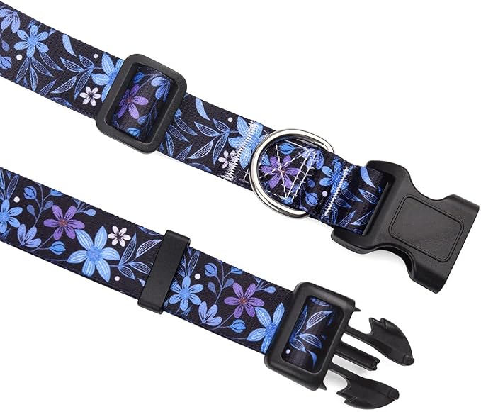 Mihqy Dog Collar and Leash Set with Bohemia Floral Tribal Geometric Patterns - Soft Ethnic Style Collar Adjustable for Small Medium Large Dogs(Blue Floral Set,L)