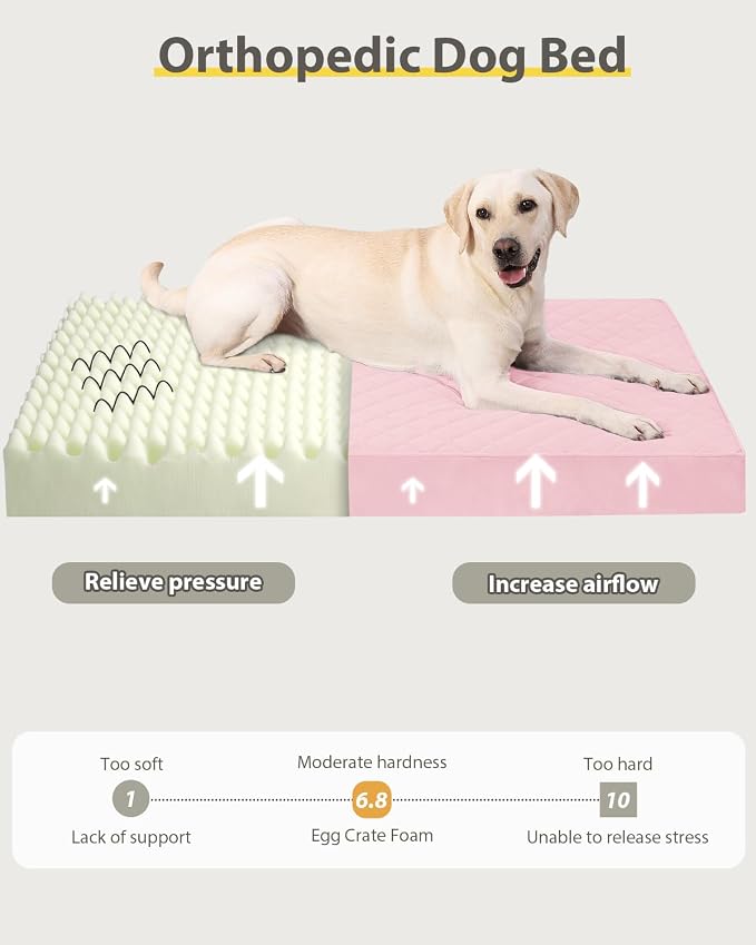 NUPIDA Orthopedic XL Dog Beds Large Sized Dog Waterproof Pet Kennel Pad with Removable Washable Cover and Non-Slip Bottom, 41x27 Inch, Pink
