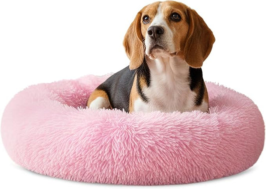 PetAmi Calming Dog Bed for Small & Medium Dogs, Cats & Puppy, Warming Round Donut Cuddler Bed, Anti-Anxiety Fluffy Shaggy Faux Fur Pet Bed, Machine Washable, Non-Slip Bottom, 30 Inch - Pink