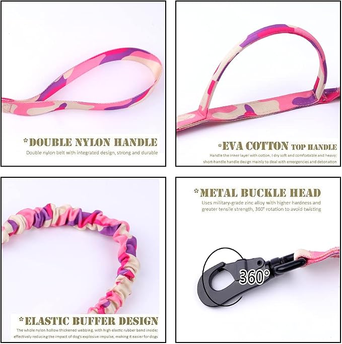 Tactical Dog Collar and Leash Set Adjustable Military Nylon Dog Collar with Control Handle and Heavy Duty Metal Buckle for Large Dogs（Pink Camo M