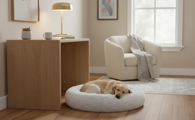 The Dog’s Bed Calming Donut Dog Bed, Plush Faux Fur Round Cuddler Nest – CertiPUR-Certified Foam, One-Piece Design, Raised Bolster – Large (36"), Ice White