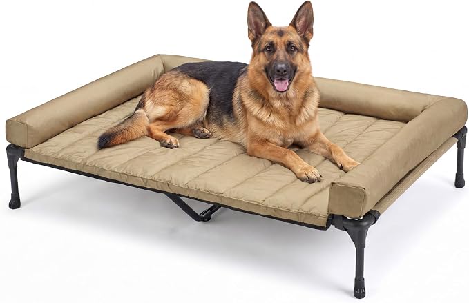 Veehoo Cooling Elevated Dog Bed Add Removable Waterproof Bolster Cushion Mat, Raised Pet Cot with Breathable Teslin Mesh, No-Slip Feet, Dog Couch Bed for Indoor Outdoor, 53 inches, Beige Coffee