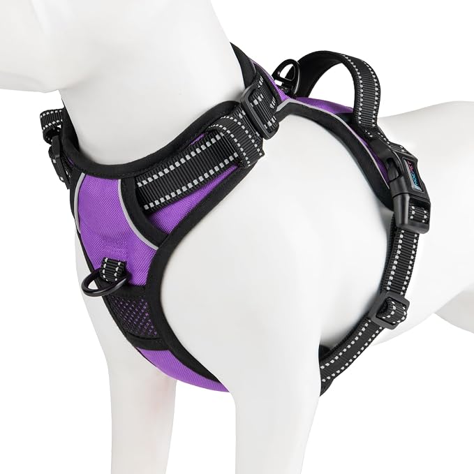 PHOEPET Reflective Dog Harness No Pull Large Breed Vest with 2 Metal Leash Attachment Hooks(XL, Purple)