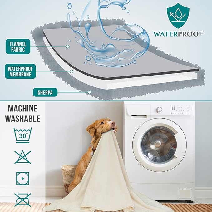PETAMI Sherpa Fleece Waterproof CAT and Dog Blanket, Beige, Large