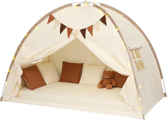 Full Bed Tent Canopy, Indoor Blackout Privacy Toddler Bed Tent for Kids with Light, Portable Sleeping Floor Kids Playhouse (Cream, Full Size)